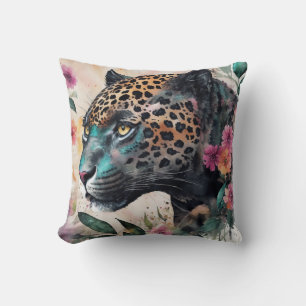 Almofada Jaguar Watercolor Floral Trabalho de arte