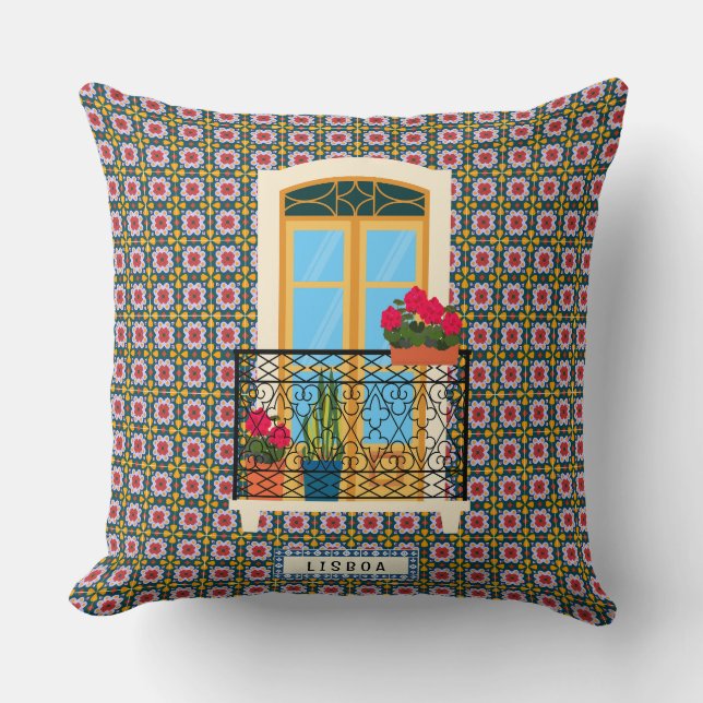 Almofada Janela da casa de Lisboa com plantas e azulejos (Frente)