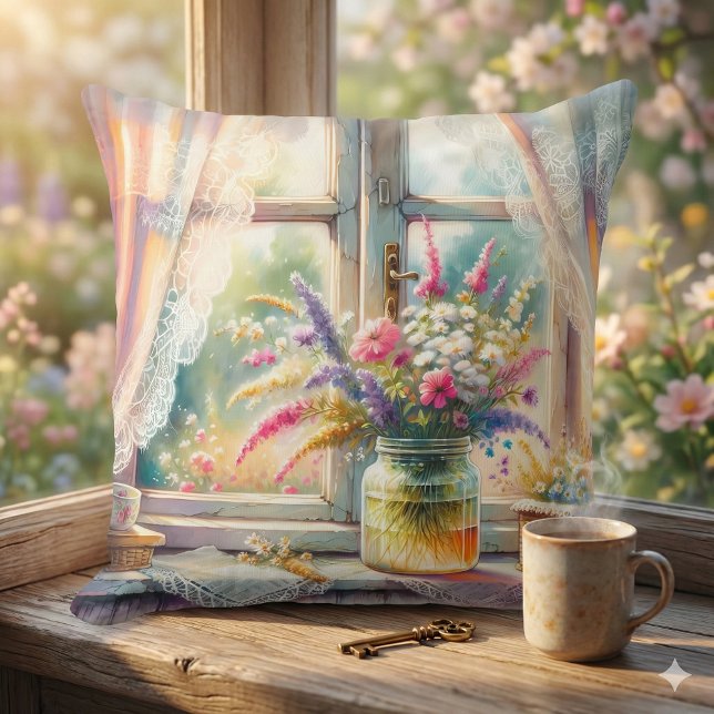 Almofada Janela de Casa de Campo Ensolarada com Flores Silv (Sunlit Cottage Window Wildflowers Throw Pillow Mockup A)