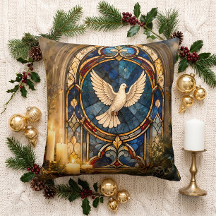 Almofada Janela de Natal com Pombo de Vidro Colorido