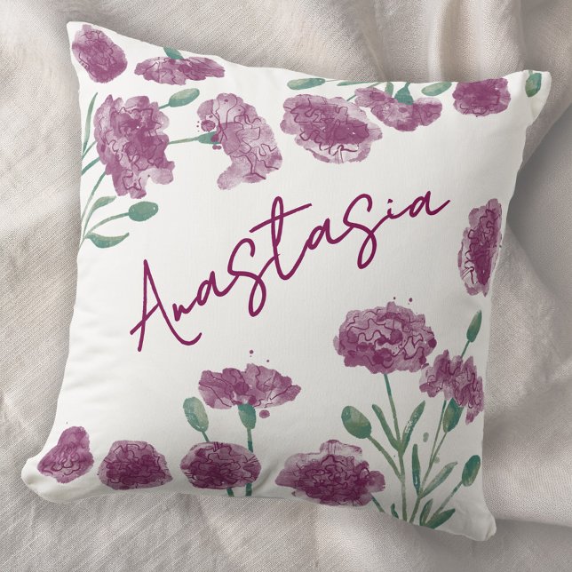 Almofada January Birth Month Carnation Personalized (January birth month flower personalized custom script name watercolor carnation botanical art pillow)