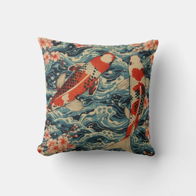 Almofada Japanese Koi Fish & Cherry Blossom— Ukiyo-e Wave  (Frente)