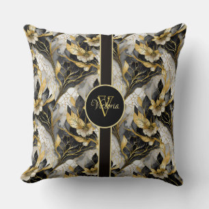 Almofada Japonês Elegante Floral Dourado e Preto Marbleizad
