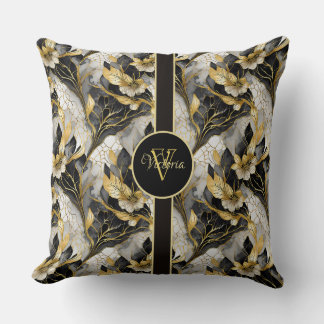 Almofada Japonês Elegante Floral Dourado e Preto Marbleizad