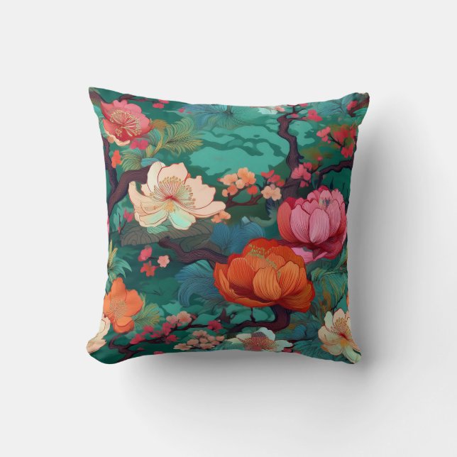 Almofada Japonês Kimono Tecido Sakura e pedônia (Frente)