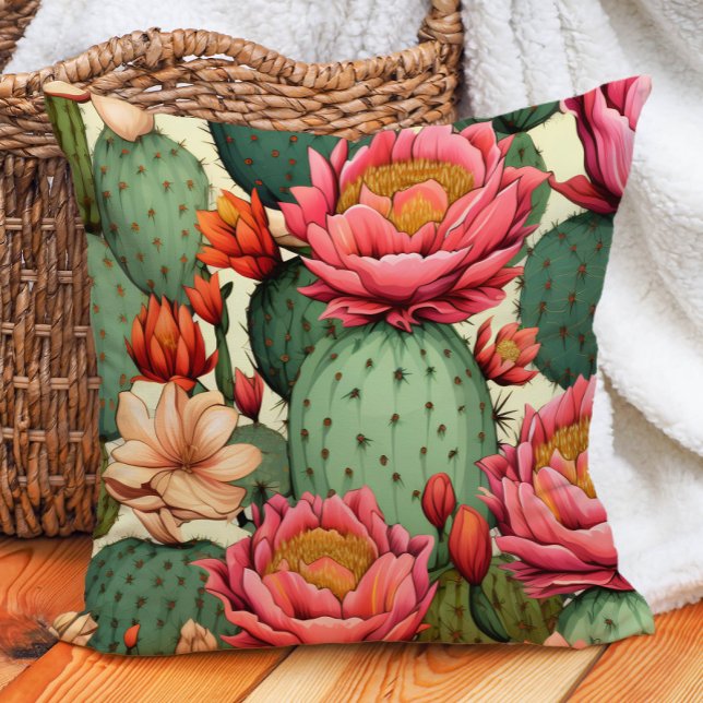 Almofada Jardim Botânico Desértico de Cactus Suculento do S (Pink floral and cactus pillow)