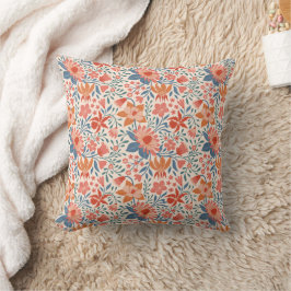 Almofada Jardim Coral e Turquesa Floresce sobre Bege Suave