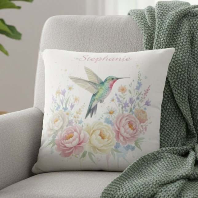 Almofada Jardim de Beija-flor em Aquarela (Watercolor floral hummingbird decorative pillow)