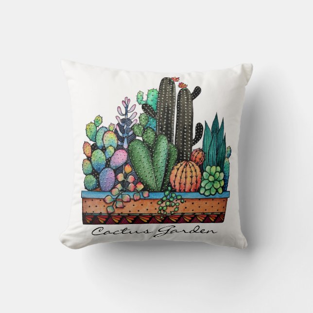 Almofada Jardim De Cactus Caquetado Em Pote (Frente)