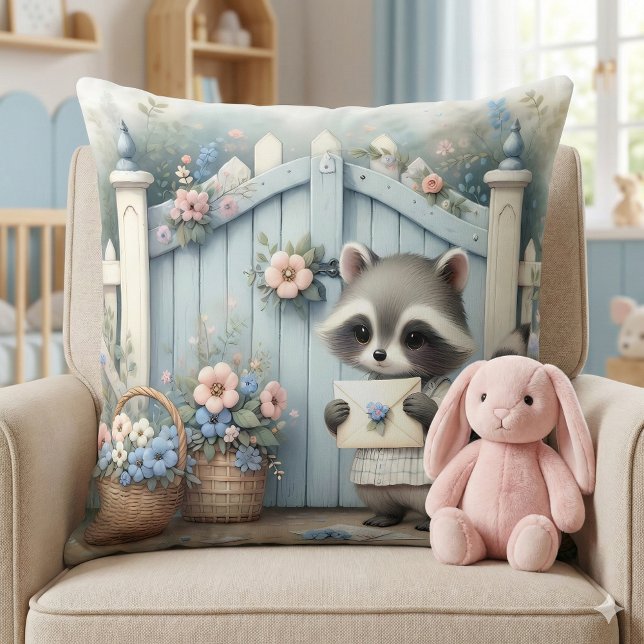 Almofada Jardim de Cartas do Mapache Pastel (Pastel Raccoon Letter Garden Throw Pillow Mockup A)