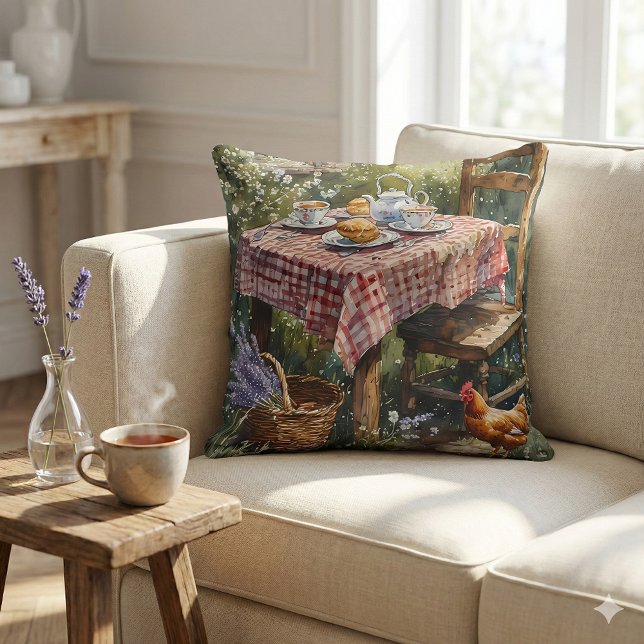 Almofada Jardim de Cottage Chá da Manhã Aquarela (Cottage Garden Tea Morning Watercolor Throw Pillow Mockup 2)