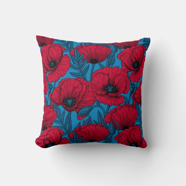 Almofada Jardim de papoila vermelho em azul (Frente)