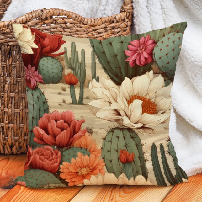 Almofada Jardim do Deserto do Cactus Verde Floral Vermelho- (Desert cactus and succulents pillow)