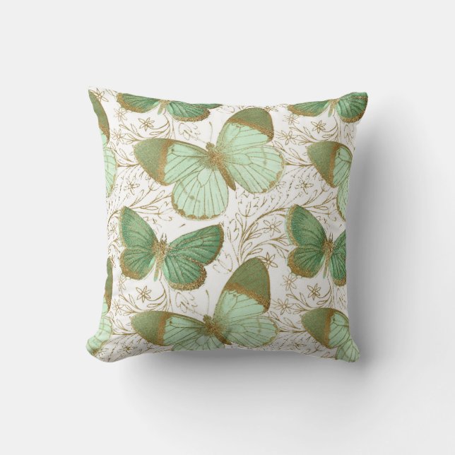 Almofada Jardim Floral Borboleta Verde Estética Menta (Frente)