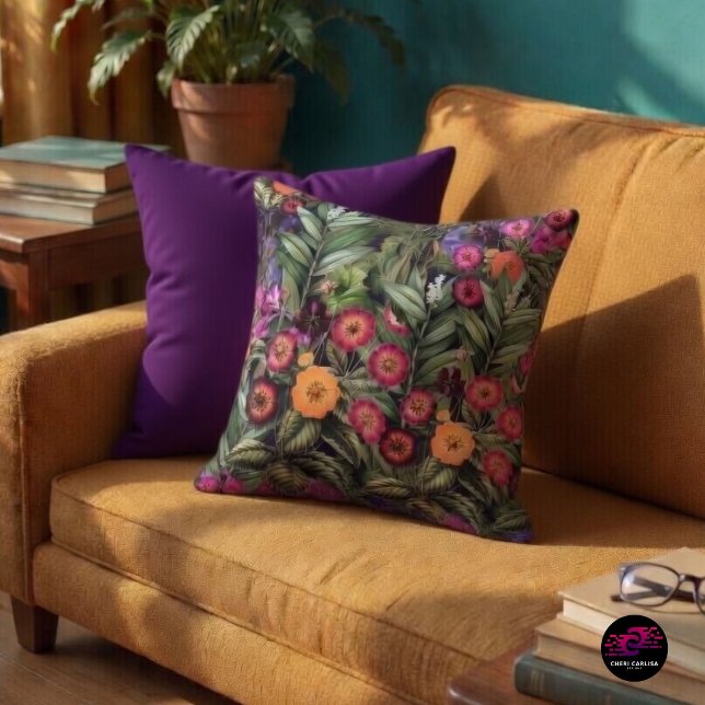 Almofada Jardim Floral Rosa da Ilha (Tropical florals. Island vibe up front. Purple on reset.)