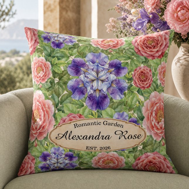 Almofada Jardim Romântico de Aguarela Rosa Íris Peônia (Criador carregado)
