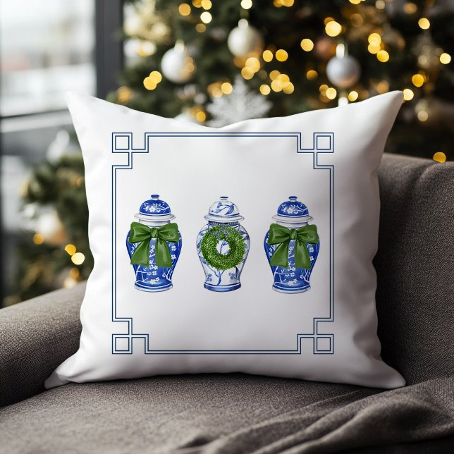 Almofada Jarras de Gengibre em Chinoiserie Natal (chinoiserie blue and white ginger jar christmas pillow)