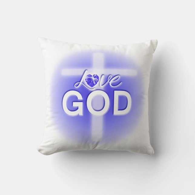 Almofada Jesus Ama Deus Cruz Coração Azul (Frente)