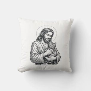 Almofada Jesus Antigo Segurando Gato Gravura Gráfico_1