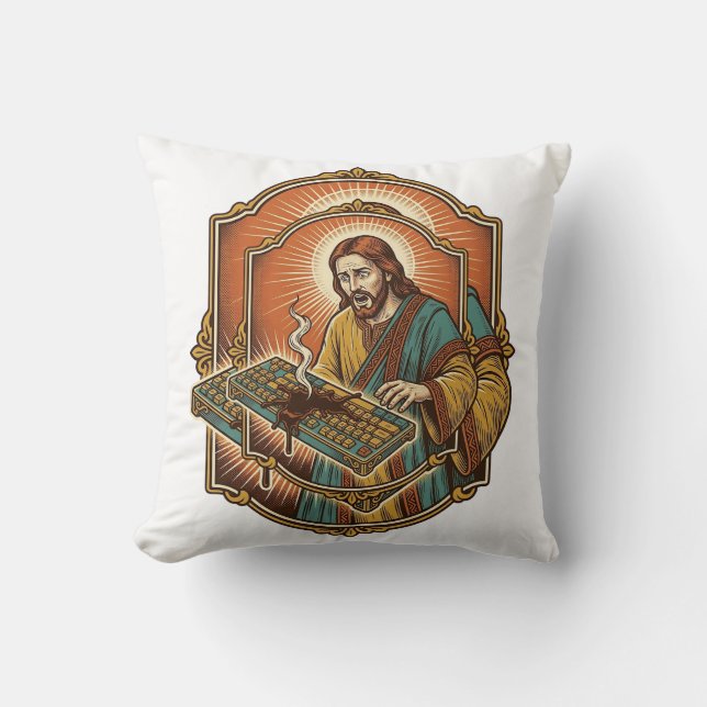 Almofada Jesus Café Derrama Teclado Mecânico Quebrado Tecno (Frente)