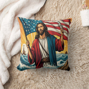 Almofada Jesus com bandeira americana no mar do sol