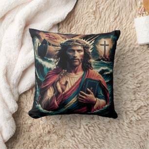Almofada Jesus em meio a ondas turbulentas segurando um liv