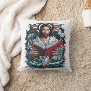 Almofada Jesus lendo em meio a ondas e símbolos da fé