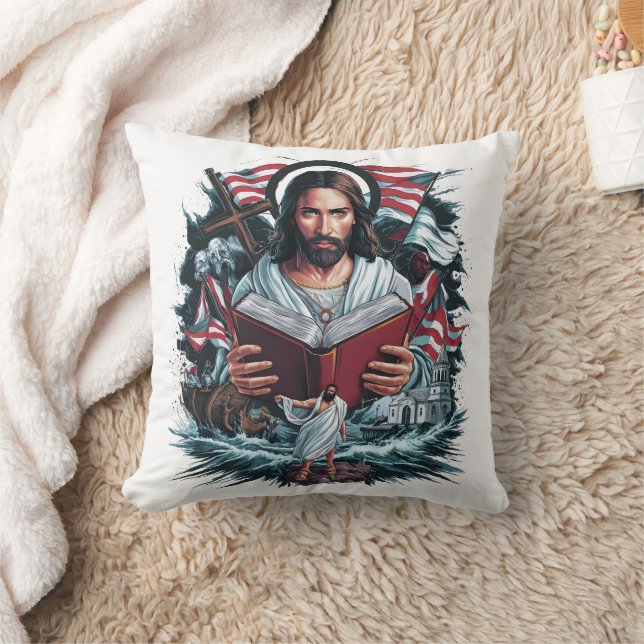 Almofada Jesus lendo em meio a ondas e símbolos da fé (Cobertor)
