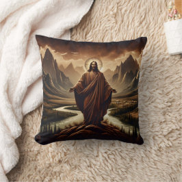 Almofada Jesus parado nas montanhas majestosas na cidade de
