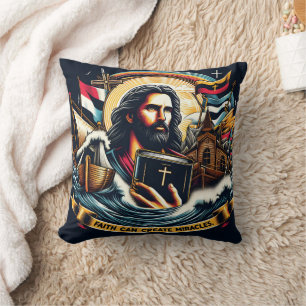 Almofada Jesus segurando uma bíblia entre ondas e símbolos