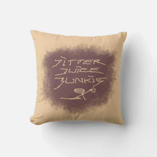 Almofada Jitter Juice Junkie - arte de café em castanho. (Frente)