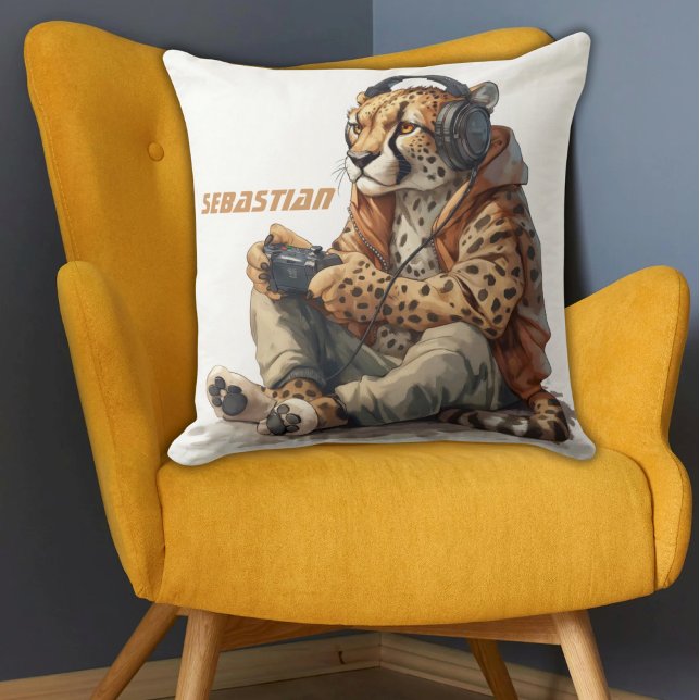 Almofada Jogador de Travesseiros decorativos Personalizado  (Funny Cheetah wearing headphones and hoodie playing video games personalized kids pillow)