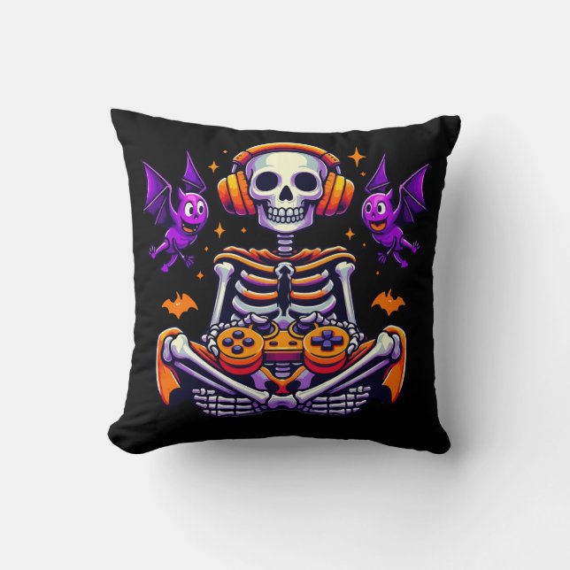 Almofada Jogos de vídeo para gamer de skeleton do Halloween (Frente)