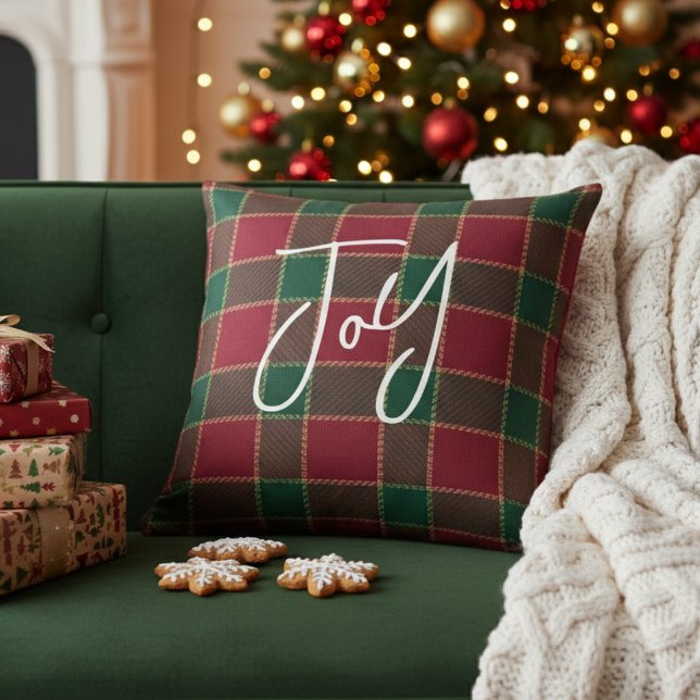 Almofada Joy Christmas Holiday Red & Green Tartan Pattern (Joy Christmas Holiday Red & Green Tartan Pattern Throw Pillow
)
