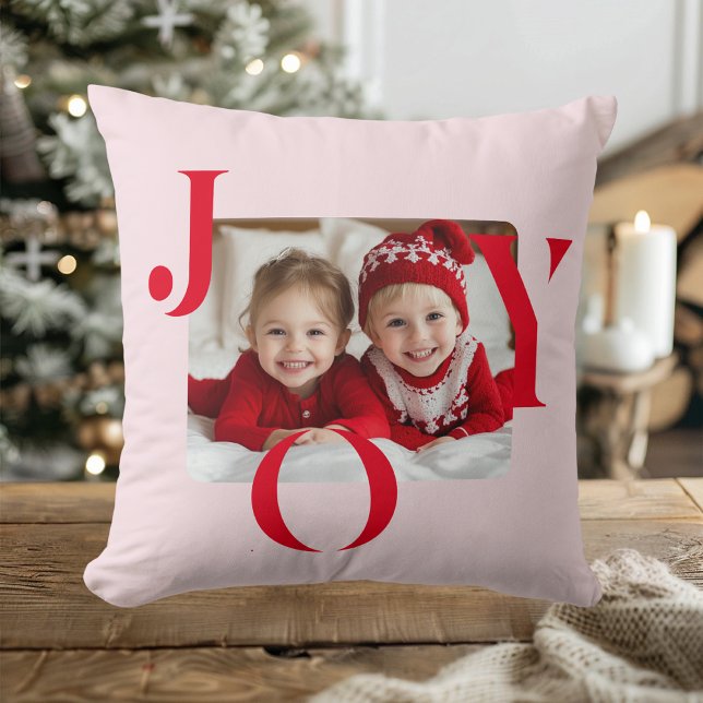Almofada JOY | Modern Red And Pink Christmas Photo Gift (Criador carregado)