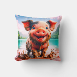 Almofada "Joyful Piglet in Mud Bath - Whimsical Fazenda Art