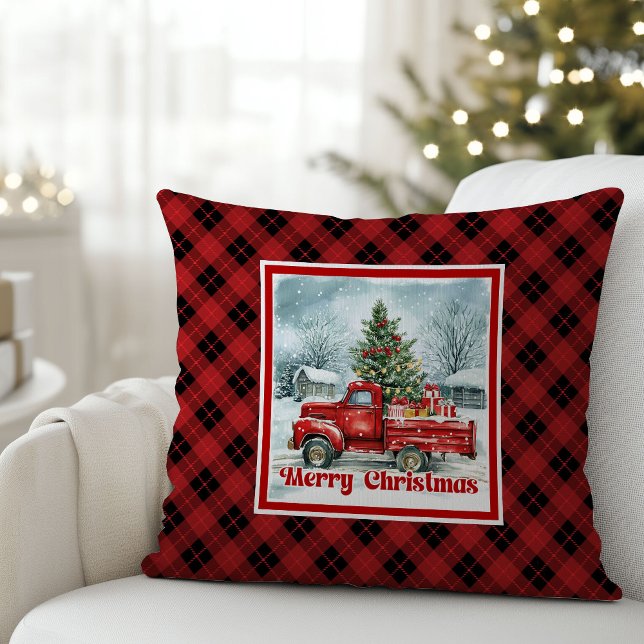Almofada Joyful red truck Christmas scene rustic festive  (Joyful red truck Christmas scene rustic festive pillow art

)