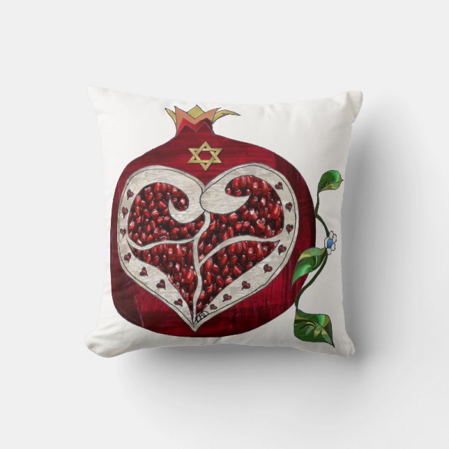 Almofada Judaica Pomegranate Heart Hanukkah Rosh Hashanah (Frente)