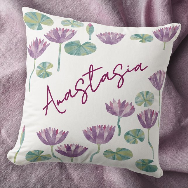 Almofada July Birth Month Water Lily Personalized (July birthday birth month flower water lily watercolor personalized custom name throw pillow gift)
