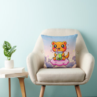 Almofada Kawaii Axolotl Drinking Pink Boba Tea Cute Pillow