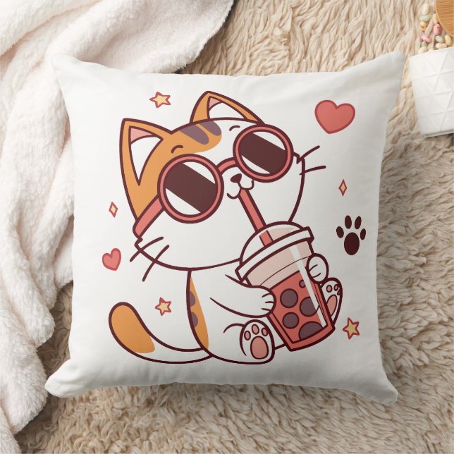 Almofada Kawaii Cat Boba Tea Travesseiro decorativo - Coraç (Cobertor)