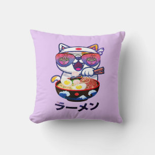 Almofada Kawaii Cat Eating Ramen - Bonitos Noodles Japonese