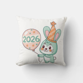 Almofada Kawaii Chibi Rabbit Mascot Holding 2026 Balloons