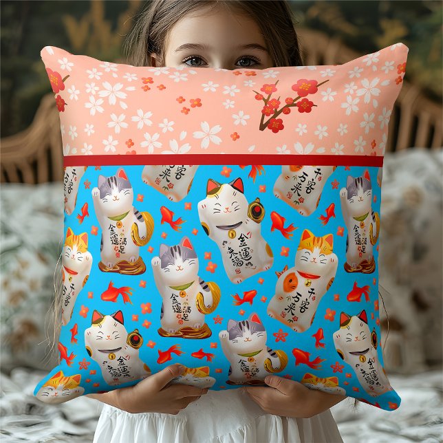 Almofada Kawaii Maneki Neko | Estilo Quimono Azul Floral (Criador carregado)