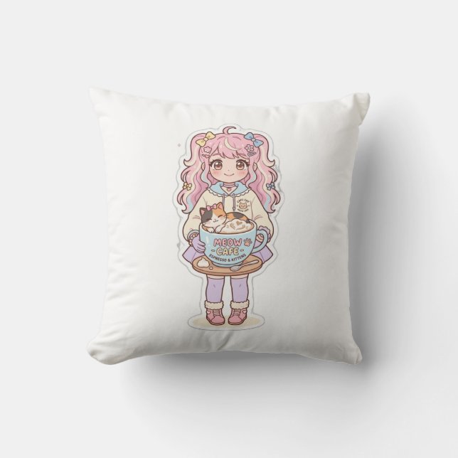 Almofada Kawaii Neko Cafe Anime Girl Chibi (Frente)