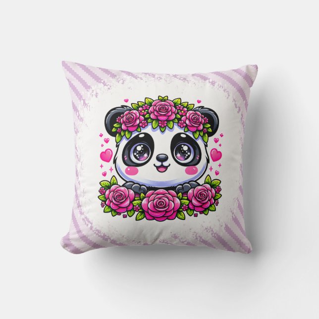 Almofada Kawaii Panda com Corações e Rosas (Frente)