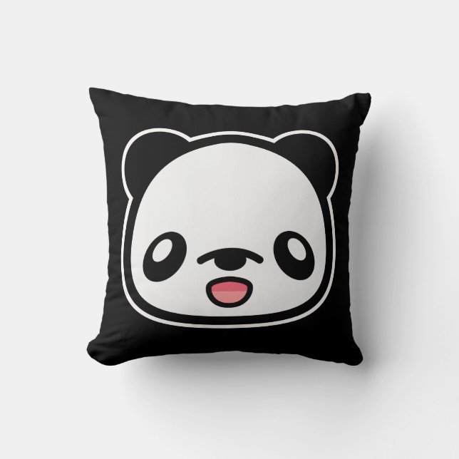 Almofada Kawaii Panda Feliz em Preto (Frente)