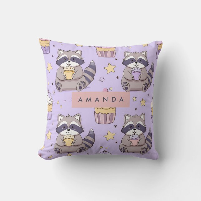 Almofada Kawaii Raccoons Personalizados com Padrão de Cupca (Frente)