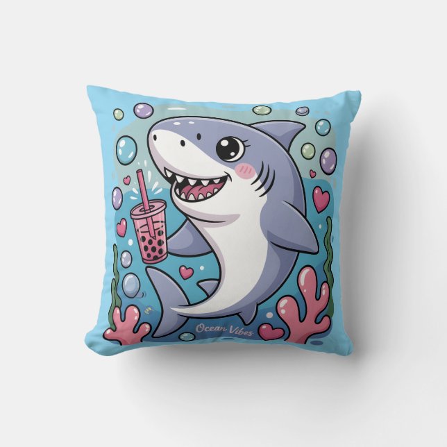 Almofada Kawaii Shark Boba Tea Ocean Vibes (Frente)