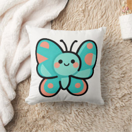 Almofada Kawaii Teal Butterfly Happy Face Cartoon Art